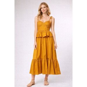 MISA Los Angeles Mustard Yellow Smocked Ruffle Tiered Maxi Dress XS